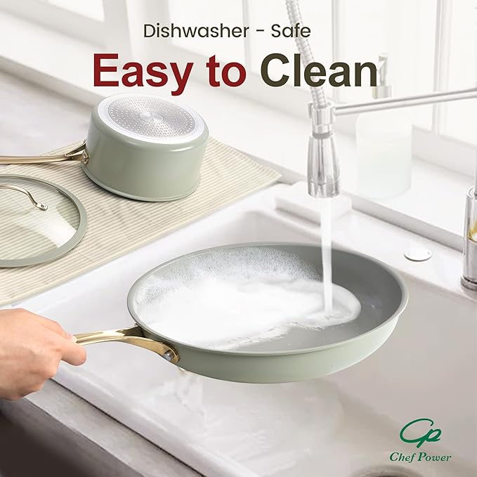 Chef Power Ceramic Frying Pan with Stainless Steel handle 5Pcs Set, Non Stick Grill Pan Set, Dishwasher and Oven Safe, Sage Green and Granite Grey