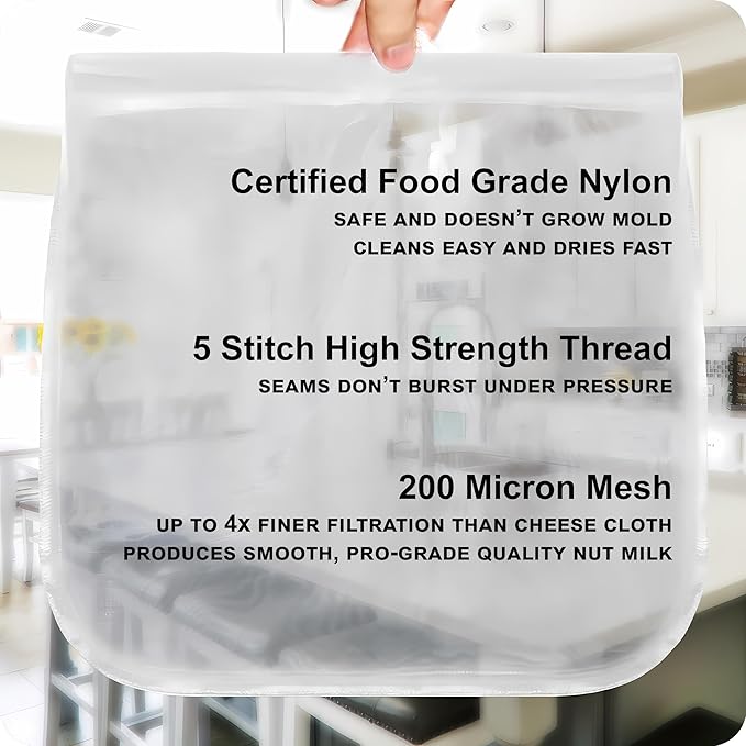 Reusable Nut Milk Bag - 12x12 Inches, 200 Micron Food Grade Nylon Mesh, Professional Strainer for Smooth Nut & Seed Milks, Juicing, Yogurt/Cheese/Tofu (1 Pack)