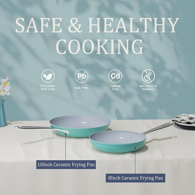 Nonstick Ceramic Frying Pan 8 inch for All Stovetops, PTFE/PFOA/PFAS Free, Even Heat Distribution Oven Safe up to 500°F, Healthy Non Toxic Skillet with Stay-Cool Handle, Caribbean Blue