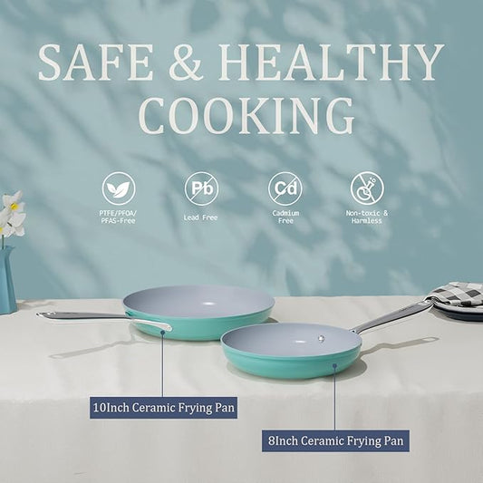 Nonstick Ceramic Frying Pan 8 inch for All Stovetops, PTFE/PFOA/PFAS Free, Even Heat Distribution Oven Safe up to 500°F, Healthy Non Toxic Skillet with Stay-Cool Handle, Caribbean Blue