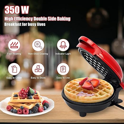Holstein Housewares Personal/Mini Waffle Maker, Non-Stick Coating, Red- 4-inch Waffles in Minutes, Ideal for Breakfast, Brunch, Lunch or Snacks
