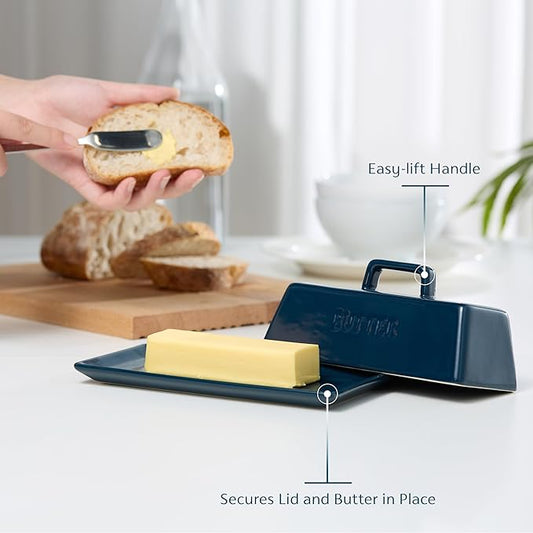 Butter Dish with Lid for Countertop, by Kook, Ceramic Dish Tray with Cover, Kitchen Keeper, Container, Holder (Navy Teal)