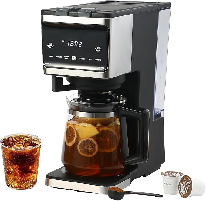 Sykaffe 3 in 1 Single Serve Coffee Machine,12-Cup Programmable Coffee Machine,Compatible with Kcup Pods,Ground Coffee,Coffee Pods, Iced Tea, Iced Coffee Function,Black