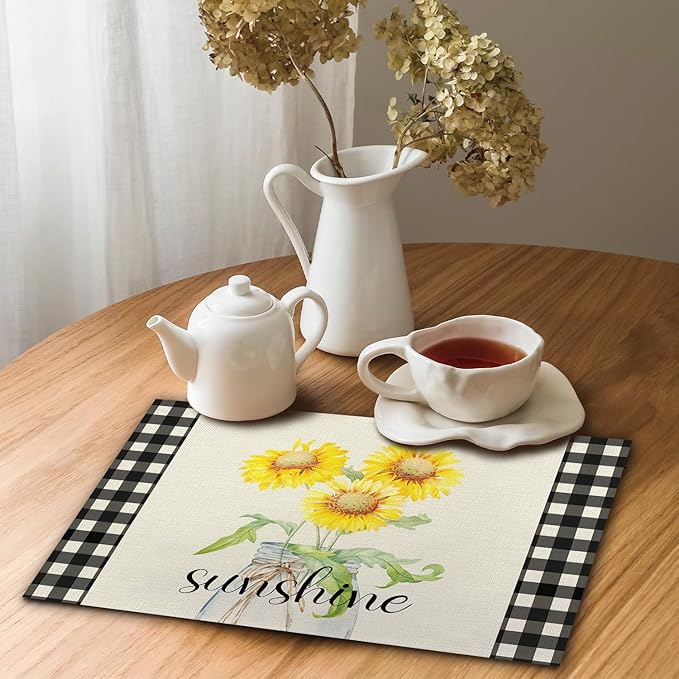 Buffalo Plaid Sunshine Sunflower Placemats, Resistant Place Mats Kitchen Decor Dining Decoration for Party, Sunflower Kitchen Decor Placemats Set of 4-03