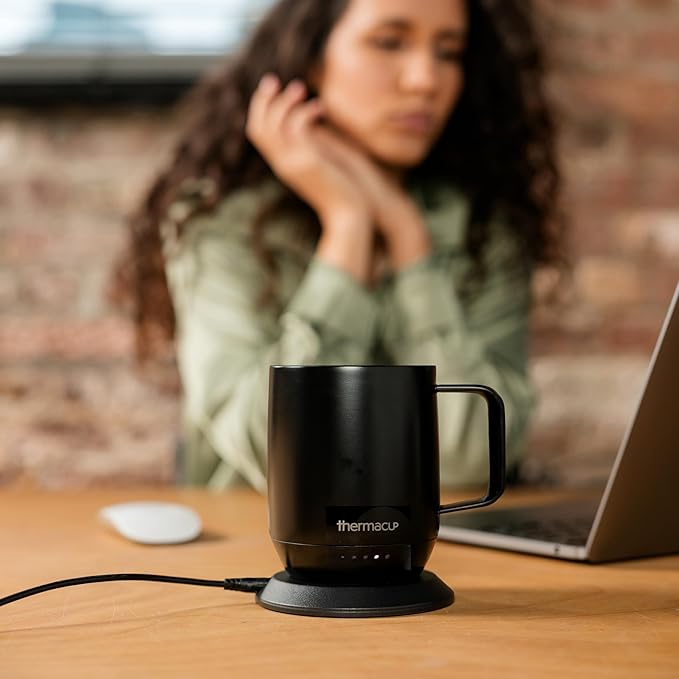 THERMACUP Mega 8-Hour Battery Self-Heating Coffee Mug with | Temperature Controlled Steel Smart Mug with Lid, 14oz (12oz with Lid) | Perfect Holiday Gift for Coffee & Tea Lovers