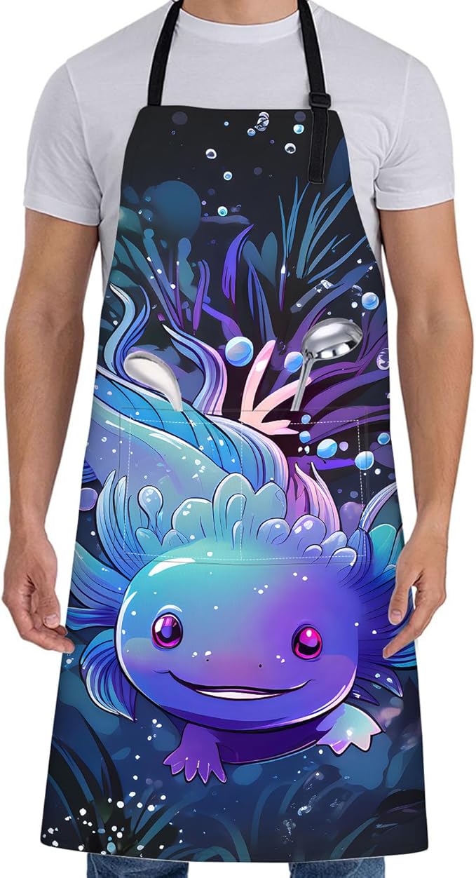 Cute Axolotl Apron for Women,28x33in,Fun Aquatic Underwater Kitchen Aprons with 2 Pockets,Oxford Fabric,Playful Adjustable Apron for Cooking Baking Gardening Chef,Gifts for Mom Wife