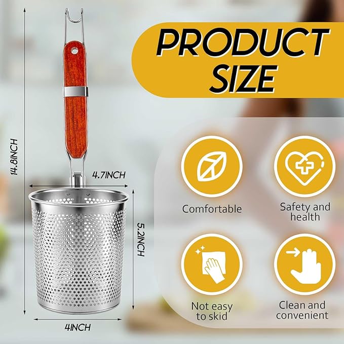 Tessco for you 6 Pcs Stainless Steel Pasta Basket with Wood Handle Pasta Strainer Kitchen Mesh Spider Noodle Strainer Skimmer Food Dumpling Noodle Blanching Basket(4.7 Inch,Red Brown)