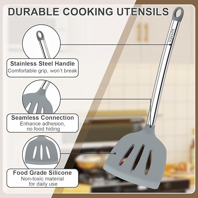 8 PCS Cooking Utensils Set, Vayvnt Silicone Kitchen Spatula Set for Cooking, Non Toxic Silicone Kitchen Utensils with Stainless Steel Long Handle, Spoon and Tong, Heat Resistant&Dishwasher Safe, Gray