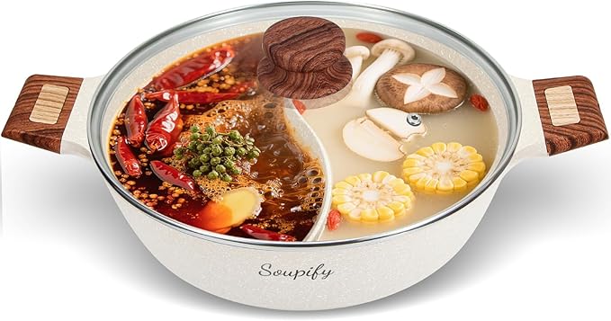 Soupify 5-QT Shabu Shabu Pot, Non-Stick Hot Pot with Divider, Dual Flavor Stockpot with Lid for Cooking, Perfect for Family and Friends Gathering