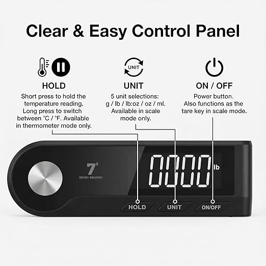 SEVEN SQUARED 72 Digital Kitchen Food Scale with Removable LED Display & Built-in Thermometer, 11lb/5kg High Precision 0.1g Stainless Steel Scale for Cooking & Baking, Tare Function, 5 Units