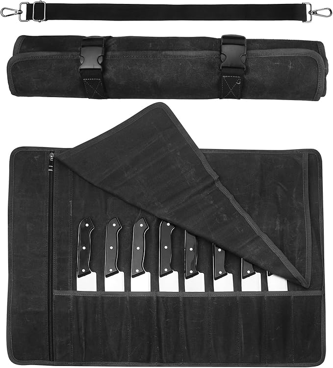 Chef Knife Roll Bag,Waxed Canvas Knife Travel Case,Heavy Duty Professional Knife Carrier Storage Holder with 10 Slots,Portable Kitchen Culinary Tool Organizer for Men,Fits up to 18.8”Knives.Black