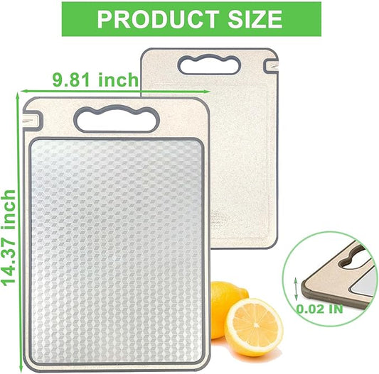 Double Sided Cutting Board for Kitchen, 304 Stainless Steel Cutting Board, 14.4"*9.8" and Wheat Straw PP, Juice Grooves, Non Slip, Reversible Chopping Board Easy to Clean, Dishwasher Safe
