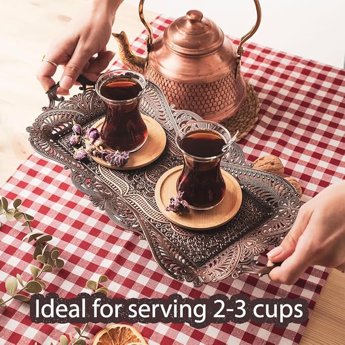 Small Antique Turkish Tea Coffee Serving Tray Table Decor Decorative Handles - Antique Moroccan Home Kitchen Rustic Copper Farmhouse Brass Rectangular Bar Arabic Fancy Candle Vintage Decor Style Tray