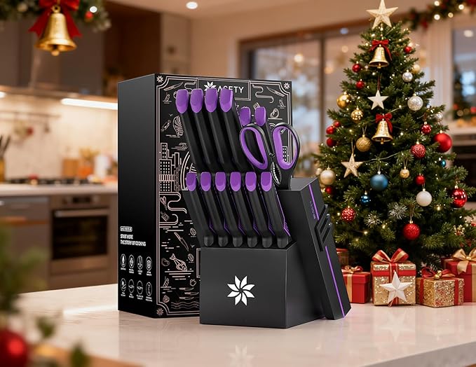 Knife Set - 15 PCS Kitchen Knife Set with Built-in Knife Sharpener Block - Stainless Steel Knife Block Set - Dishwasher Safe, Elegant Box for Men Women