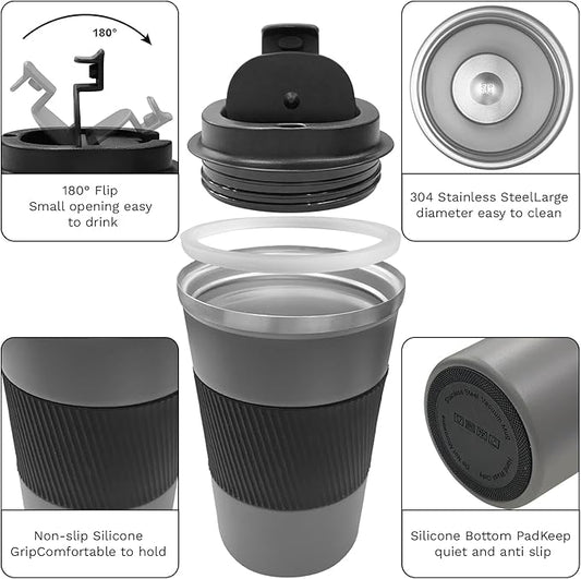 YINBAOGE Insulated Travel Coffee Mug, Spill & Leak Proof, Portable To Go Camping Stainless Steel Coffee Tumbler, Reusable Thermal Coffee Cup with Lid for Hot & Cold Drinks (Grey, 12 OZ)