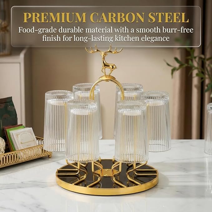 Rotating Cup Drying Rack Stand, 6 Cups Drinking Glass Holder, Non-Slip Steel Mug Drainer Organizer, Glass Cup Stand with Silicone Protective Hooks, Tumbler Dryer Tree for Kitchen, Countertop