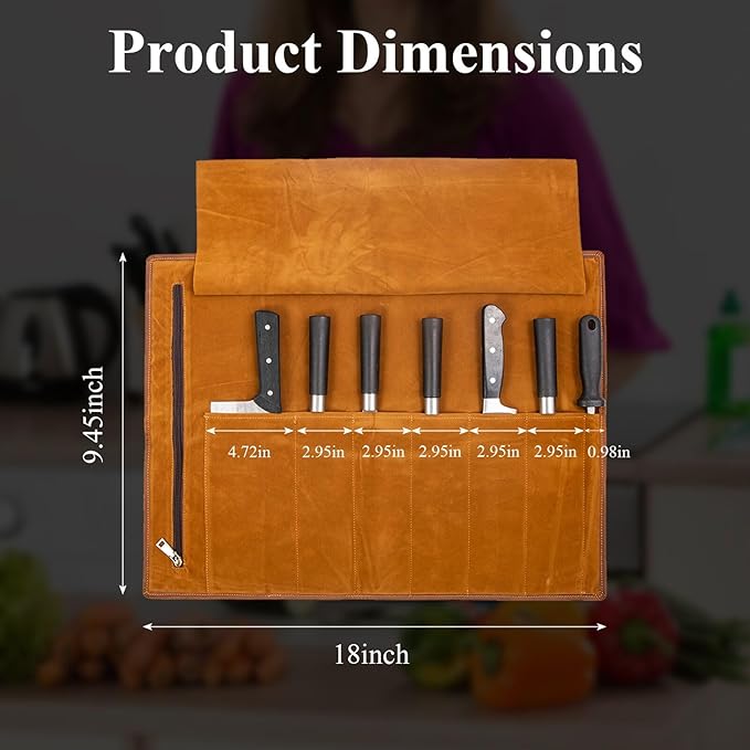 BSLGCTX Leather Knife Roll, Chef Knife Roll Bag, Knives Carrying Case, Culinary Tools Carrying Storage, Portable Travel Storage with 7 Slots & Zipper, Gifts for Chef (Brown)