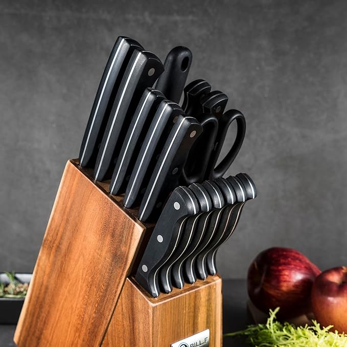 Wood Kitchen Set Knife Set for Kitchen with Block Stainless Steel Knives 16 Pcs and Cutting Board with Groove,Black Handles and Sharp Stainless Steel Professional Chef Knife Set