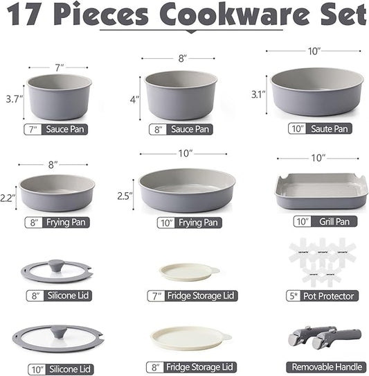SENSARTE 17 Piece Ceramic Pots and Pans Set, Nonstick Detachable Handle Cookware, Induction Kitchen Cookware Set with Removable Handle, Dishwasher ＆ Oven Safe (Gray)