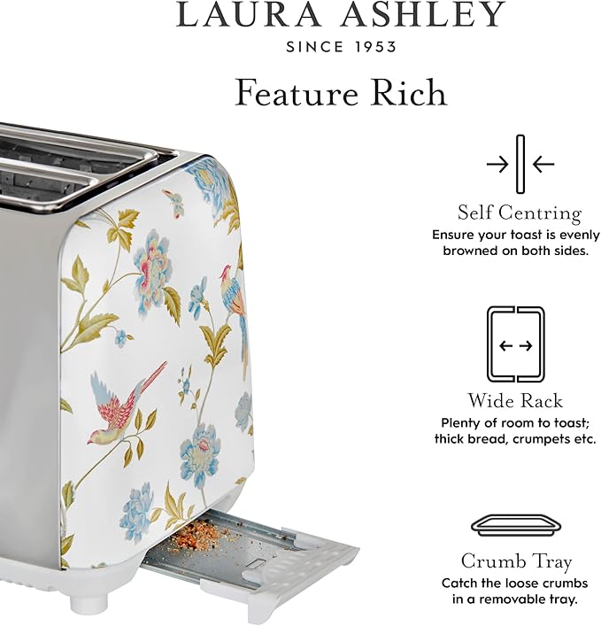 VQ Laura Ashley Elveden White Stainless Steel 2 Slice Toaster | Multi-Functional Bagels & Bread Toaster 2 Slice with Adjustable Heating & Defrost Mode | Featuring 2 Wide Slots, Croissant Warming Rack