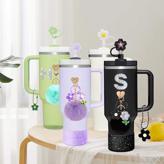 Accessories for Stanley Cups,8Pcs Cup Accessories Including Siliocne Boot,Cup Charm,Initial Letter Stickers,Straw Cover Accessories for Stanley 40oz and 30oz Tumbler