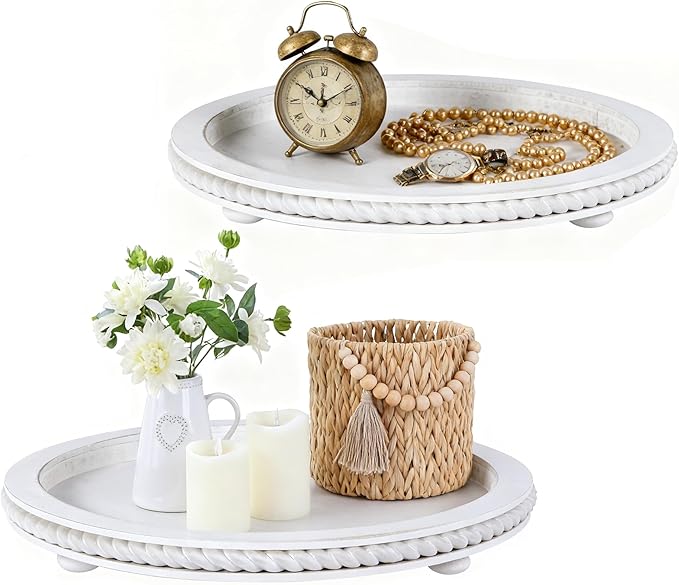 Urban Deco Decorative Trays for Home Decor, Round Wooden Trays for Coffee Table, White Stripes Tray for Living Room, Kitchen, Farmhouse Centerpiece Decor (2-Pk)