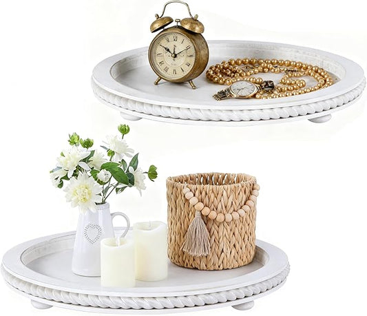 Urban Deco Decorative Trays for Home Decor, Round Wooden Trays for Coffee Table, White Stripes Tray for Living Room, Kitchen, Farmhouse Centerpiece Decor (2-Pk)