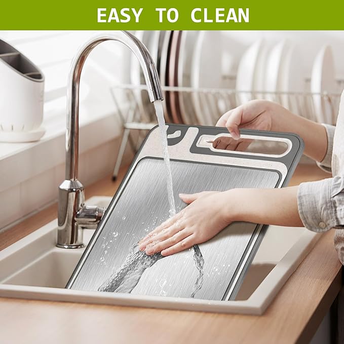 NTIERA 3-in-1 Stainless Steel Cutting Board for Kitchen, Double Sided, Cutting Board,Scratch-Resistant Mesh Design with Juice Groove,Easy Clean,Wheat Straw PP Large Chopping Board 15 * 11IN