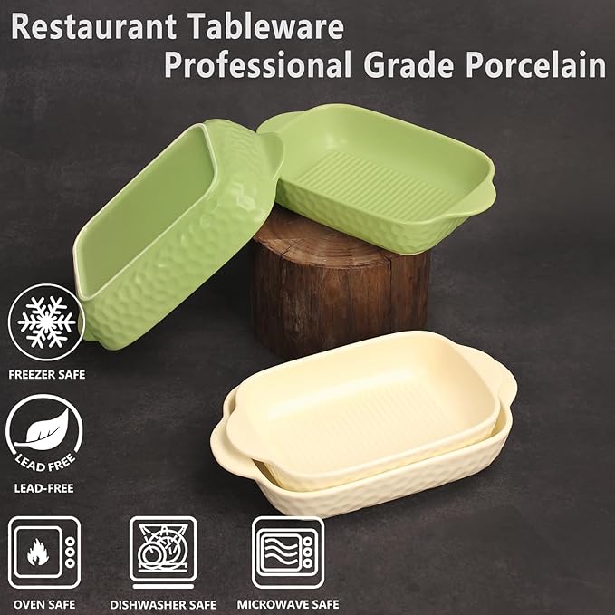 Rectangular Porcelain Baking Dish Set,Au Gratin Dishes,Casserole Dish, Ramekins 21 oz Bakeware Set of 2,Lasagna Pans for Cooking,Cake Dinner,Kitchen, Carry Handles 9.5" x 5.5" (Beige