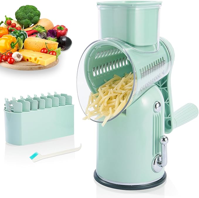 Manual Rotary Cheese Grater with Handle, 5 in 1 Replaceable Stainless Blades Cheese Shredder,Strong Suction Base Vegetable Slicer with Cleaning Brush & Bonus Storage Box for Blades (green)