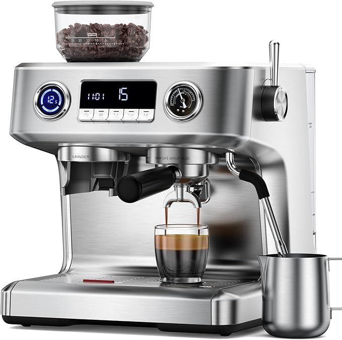 COWSAR Dual Boiler Espresso Machine with Grinder, 20 Bar Espresso Machines with Milk Frother, Espresso Maker with Removable Water Tank, Commercial Expresso Coffee Machines, Brushed Stainless Steel