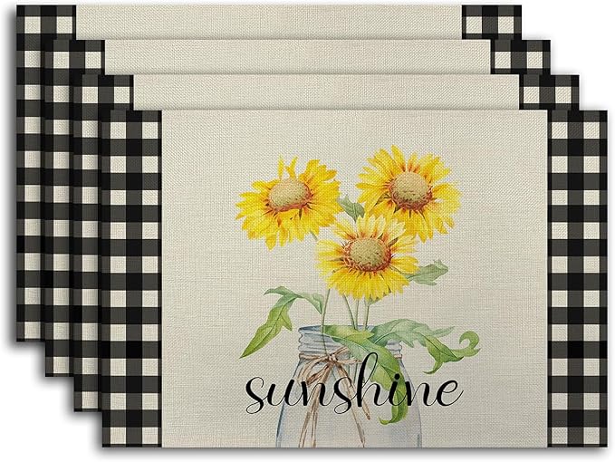 Buffalo Plaid Sunshine Sunflower Placemats, Resistant Place Mats Kitchen Decor Dining Decoration for Party, Sunflower Kitchen Decor Placemats Set of 4-03