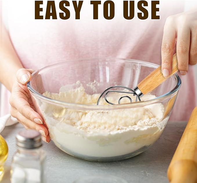 TEEVEA Danish Dough Whisk for Bread Sourdough, Wooden Handle & Stainless Steel Hook