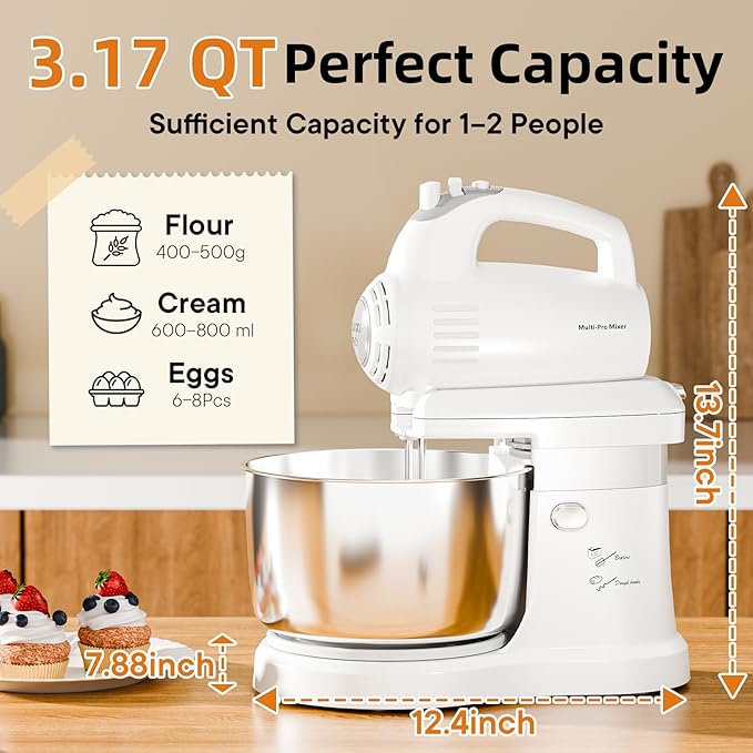 Stand Mixer Hand Mixer Kitchen Electric - 2-IN-1 3.2 QT Auto-Rotating Bowl & Beater Tilt-Head Small Standing Mixer, 250 Watt 5-Speed with Turbo Boost Household Mixer with Beaters & Dough Hooks