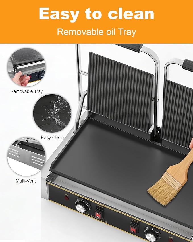 Commercial Panini Press - 3600W Electric Sandwich Panini Maker, Stainless Steel Double Sandwich Grill w/Nonstick Coating & Temp Control, 19x9 in Plate for Hamburger Steak Bacon