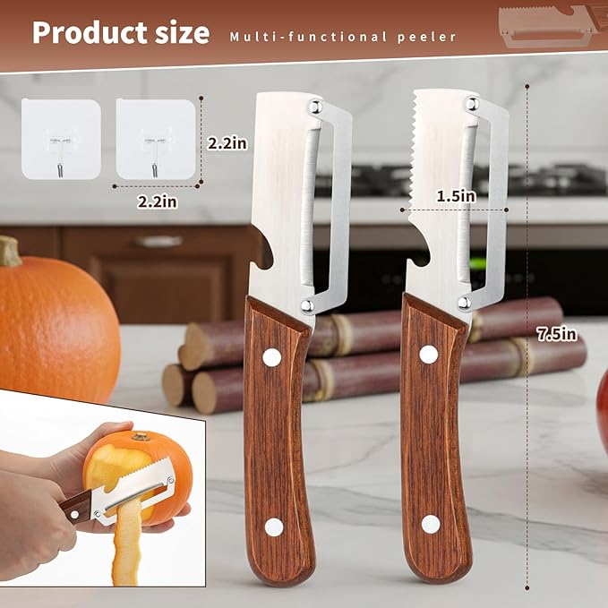2 Pcs Multi-Functional Vegetable Peeler for Kitchen, Features Solid Wood Handles, Stainless Steel Blade, with Bottle Opener, Kitchen Peeling Tool for Fruits Potatoes Apples Carrots Zucchini