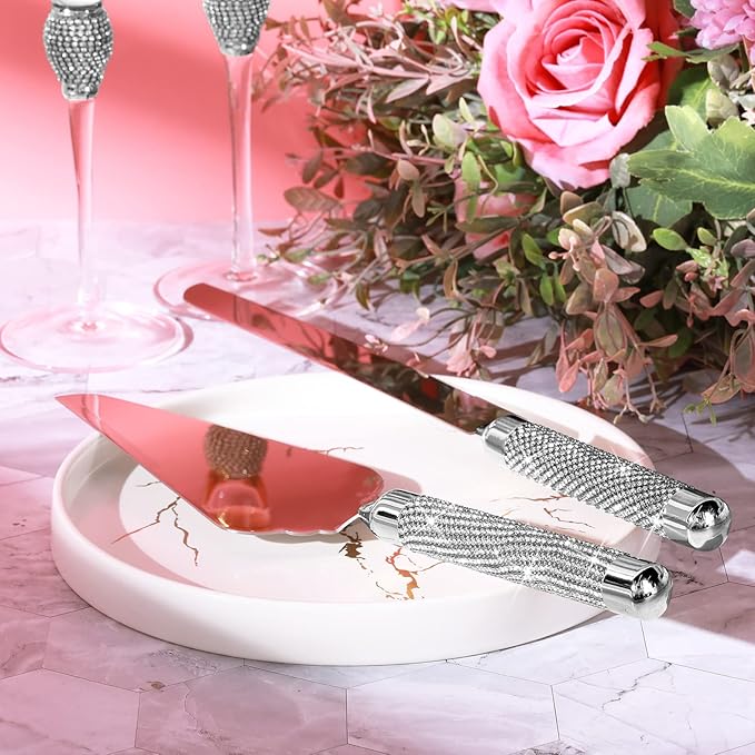 Boao 4 Piece Wedding Champagne Flutes and Cake Knife Server Set Crystal Mr and Mrs Toasting Flutes Rhinestone Cake Cutting Set for Bride and Groom Wedding Engagement Bridal Shower Gifts(Silver)