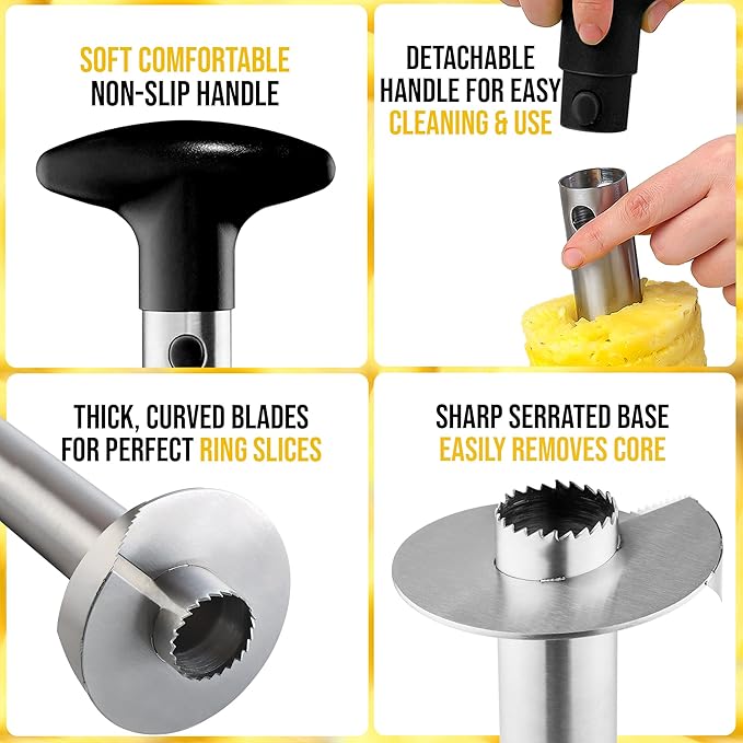 Zulay Kitchen Stainless Steel Pineapple Corer & Slicer – Heavy-Duty Pineapple Cutter with Reinforced Blade & Eye Removal Tool – Effortless Pineapple Core Remover & Slicer - Black