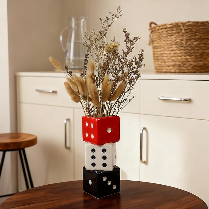 Triple Dice Vase - Unique Ceramic Small Vase with Wide Mouth | Modern Decorative Flower Vase for Living Room | Perfect for Fresh,Pampas Grass,Roses & Utensils | Ideal Gift for Art Enthusiasts
