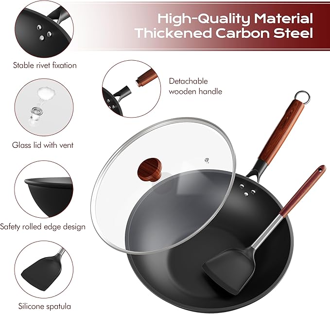ziluetar Carbon Steel Wok 13-Inch Wok Pan with Glass Cover Silicone Spatula, Non-Stick Surface Woks & Stir-Fry Pans Pre-Seasoned Chinese Wok Pan for Induction, Electric, Gas Stoves Cooking