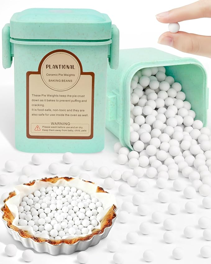 PLANTIONAL Pie Weights - 1.5 LB Ceramic Stoneware Beans in Wheat Straw Container for Blind Baking Pastry Crusts (Green)