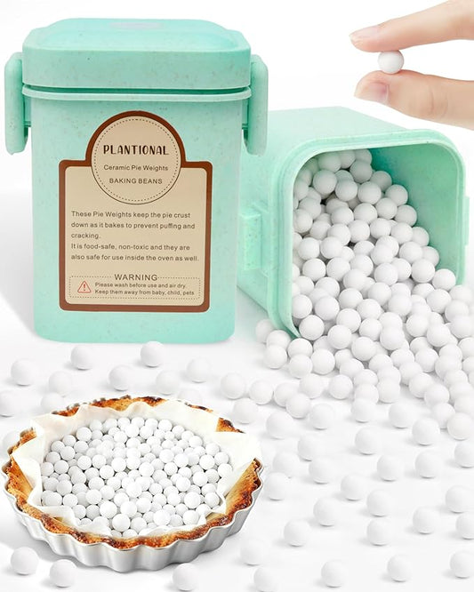 PLANTIONAL Pie Weights - 1.5 LB Ceramic Stoneware Beans in Wheat Straw Container for Blind Baking Pastry Crusts (Green)