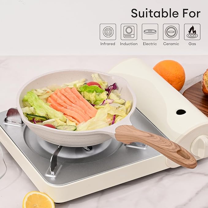 JEETEE 12.5 Inch Nonstick Frying Pan, Stone Coating Cookware, Nonstick Omelette Pan with Heat-Resistant Handle, Compatible with All Stoves (Beige)
