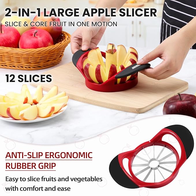 SCHVUBENR Large Apple Corer and Slicer - 4.72 Inch Apple Cutter Slicer with 12 Blades - Stainless Steel Apple Slicer - Sharp Apple Corer Tool - Anti-Slip Grip, Easy to Use & Dishwasher Safe - Red