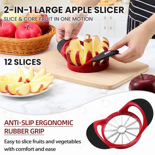 SCHVUBENR Large Apple Corer and Slicer - 4.72 Inch Apple Cutter Slicer with 12 Blades - Stainless Steel Apple Slicer - Sharp Apple Corer Tool - Anti-Slip Grip, Easy to Use & Dishwasher Safe - Red