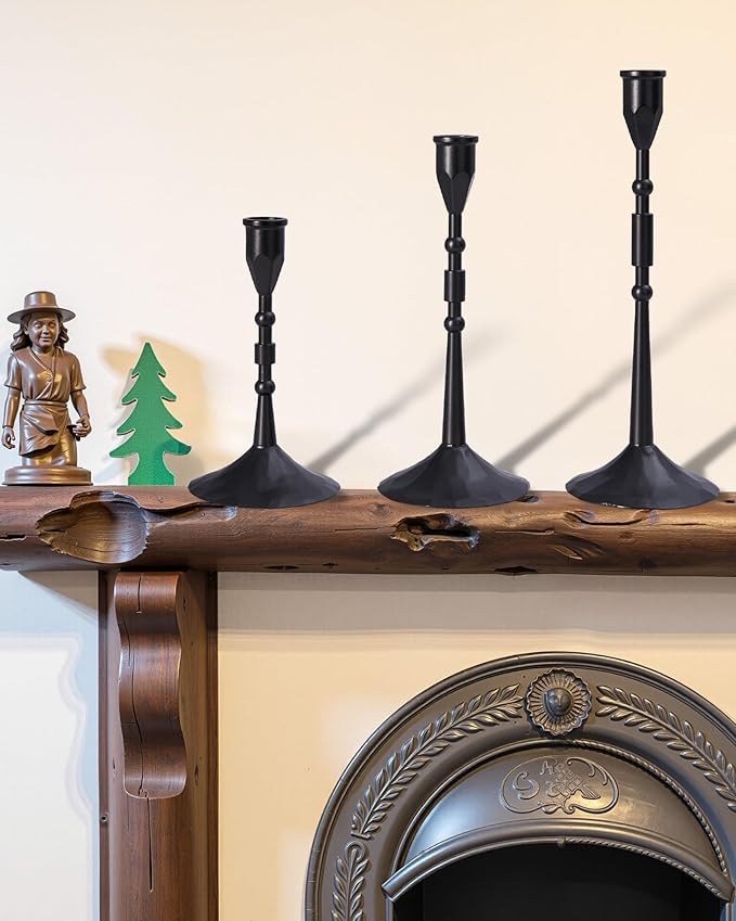 Vintage Taper Candle Holders Set | Handmade 3-Piece Candlestick Decor for Table Centerpiece, Farmhouse Kitchen & Party Lighting (Black)