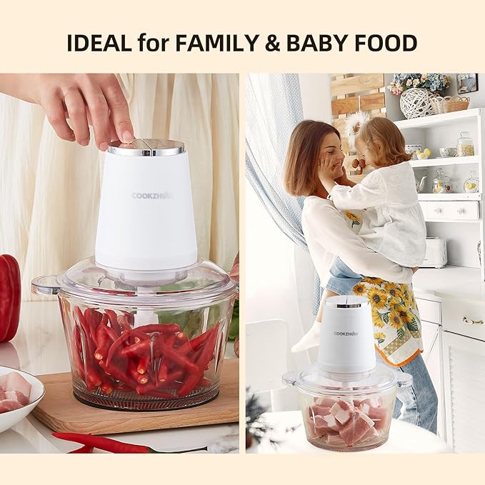 COOKZHOM Food Processor,Electric Food Chopper with 500W Stainless Steel Motor & 2 Sharp Blade Sets,12-Cup Glass Bowl for Meat, Vegetables, Fruits and Nuts
