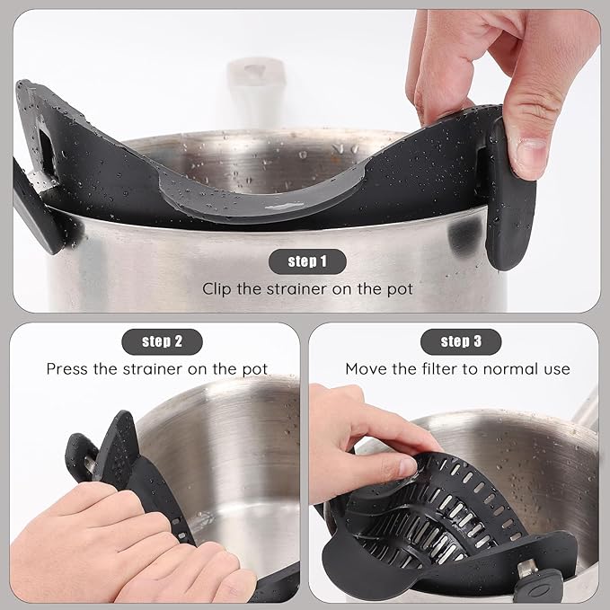 Pasta & Pot Strainer, Adjustable Silicone Food Strainer Hands-Free Pan Strainer Fits all Pots and Bowls, Clip on Strainer for Noodle Meat Vegetables Fruit Kitchen Gadgets Cooking Colander (Black)