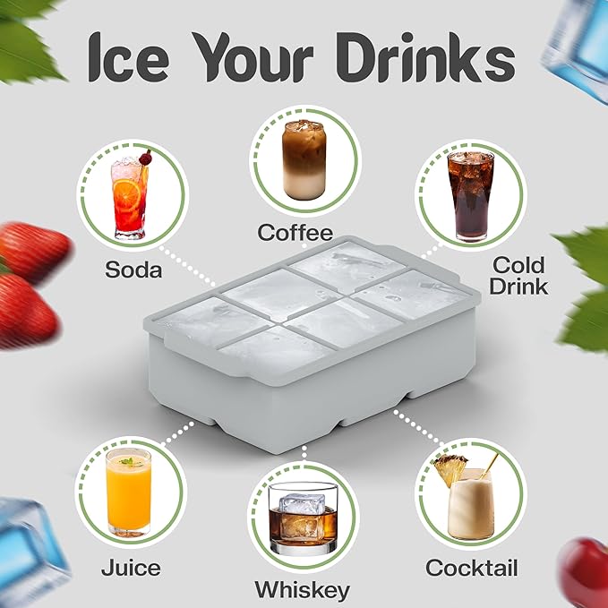 KitchFort Large Silicone Ice Cube Tray (2-Pack), Easy Release 2" Big Ice Cubes - Cocktail, Whiskey Ice Cubes Mold - Ice Trays for Freezer with Lid - Stackable Silicone Ice Tray - Gray