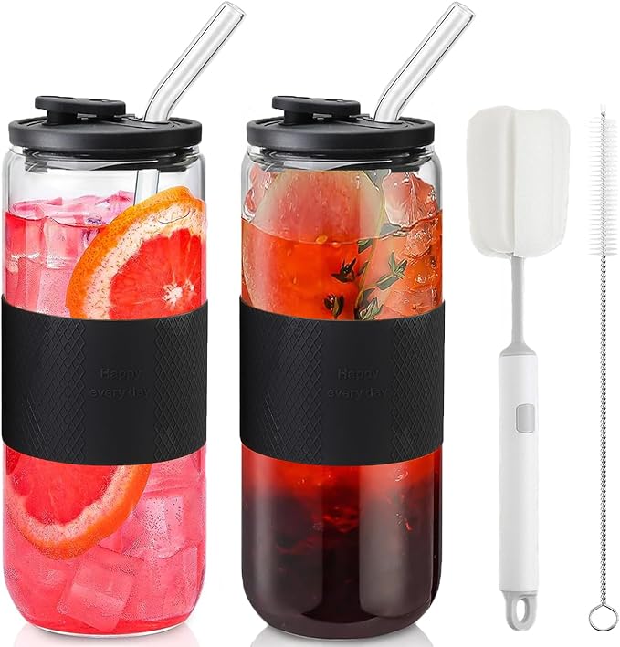 24oz Can Shaped Glass Cups with Silicone Lids and Glass Straw, 2PCS Drinking Glasses with Lids and Straws, and Silicone Sleeves, Beer Glasses, Iced Coffee Cups, Soda, Gift - Black
